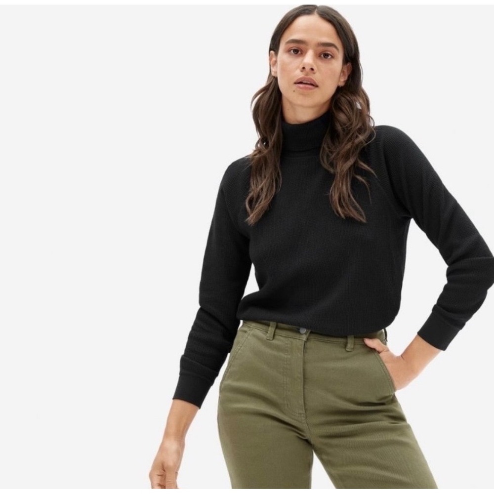 Everlane Waffle Knit Turtleneck‎ Thermal Top Large Black Organic Cotton Casual